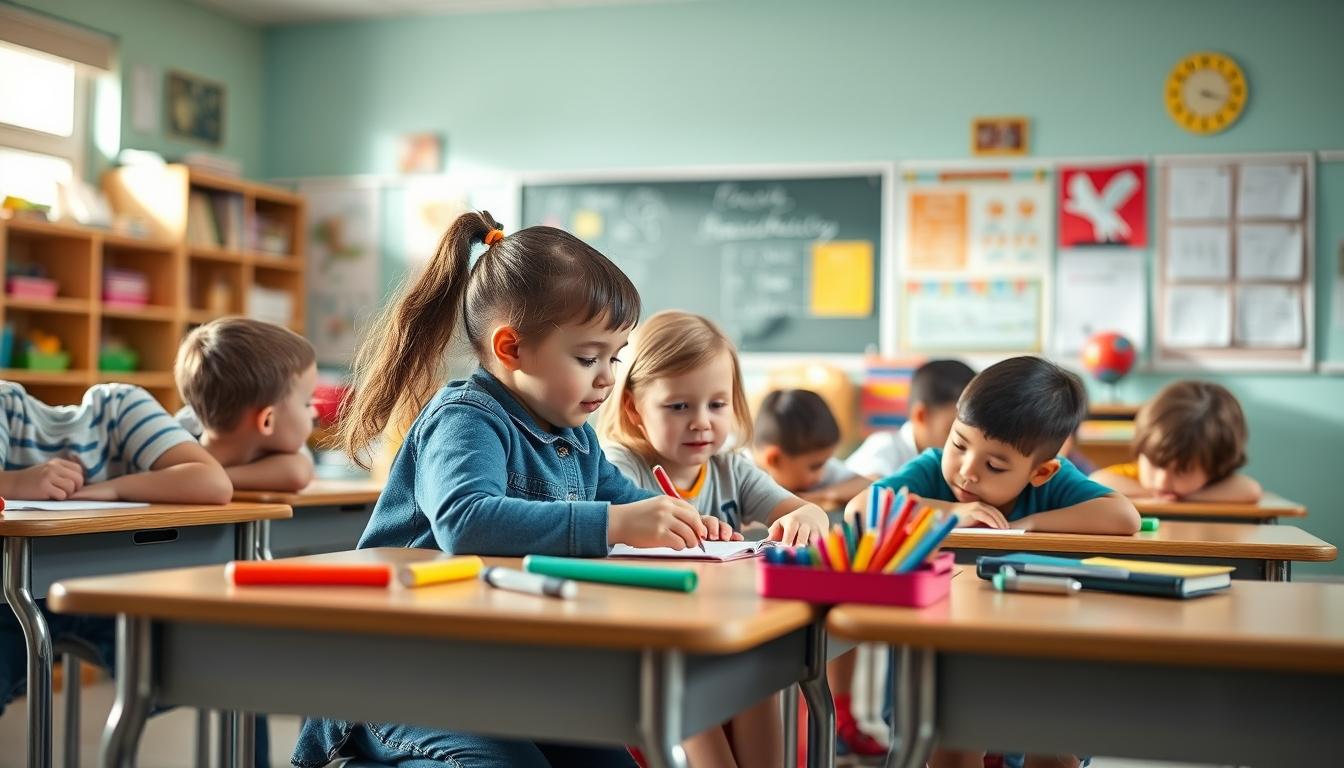Students studying together in modern classroom